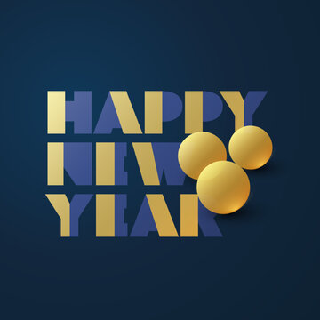 Dark Golden and Blue Retro Style Art Deco Happy New Year Type Script Template, Multipurpose Holiday Greetings Typography Design with Christmas Balls, Globes