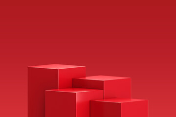 Leinwandbilder - Red podium background product stage display on 3d geometric platform scene with sale presentation banner stand studio showroom or empty show pedestal base backdrop and showing blank step place mockup.