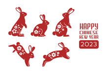 Chinese Rabbits Set. Chinese Lunar New Year Animal With Flowers Ornaments.