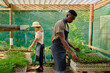 © StratfordProductions - Young multiracial couple in aprons back to back while gardening in plant nursery