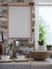 photo frame mock up in kitchen interior, 3d rendering