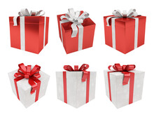 Red Christmas Gift Collection Isolated On Transparent Background. 3D Rendering Present Set With Bow For Xmas