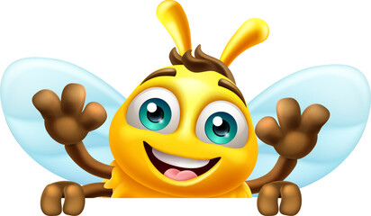 Poster - A honey or bumble bee cartoon bumblebee cute cartoon mascot peeking over a sign