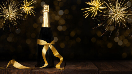 New Year Sylvester celebration holiday New Year's Eve greeting card - Champagne or sparkling wine bottle with golden gift ribbon on old rustic wooden table and pyrotechnics firework in the background