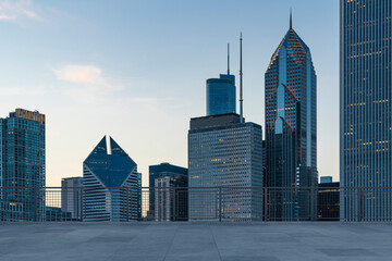 Wall Mural - Skyscrapers Cityscape Downtown, Chicago Skyline Buildings. Beautiful Real Estate. Sunset. Empty rooftop View. Success concept.