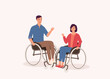 © simplehappyart - Young Couple With Wheelchair Talking With Each Another. Full Length. Flat Design, Character, Cartoon.