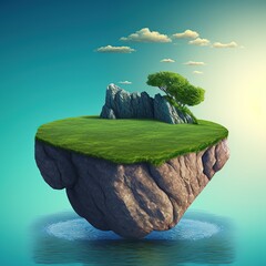 3d floating rock island with sky and clouds isolated on surrel cyan blue dusk background. generative ai