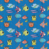 Fototapeta Pokój dzieciecy - Ocean pattern. Cute marine life seamless background with fish. Colorful repeat vector illustration for kids. Sea pattern