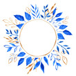 Gold glitter geometric frame with blue florals and leaves in watercolor. Round frame. Place for your text. Minimal template for creative designs, card, invitation etc