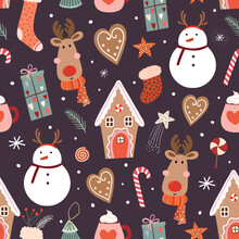 Christmas Seamless Pattern, Wallpaper With Seasonal Winter Design, Christmas  Trendy Wrapping Paper With Snowman, Reindeer, Candy And Gingerbread House