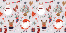 Christmas Seamless Pattern, Wallpaper With Winter Design, Christmas Tree, Snowman And Santa, Trendy Seasonal Wrapping Paper