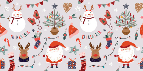 Wall Mural - Christmas seamless pattern, wallpaper with winter design, Christmas tree, snowman and Santa, trendy seasonal wrapping paper