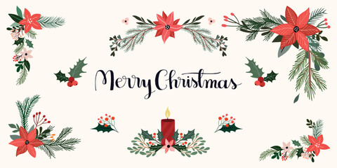 Wall Mural - christmas poster, banner, invitation, composition with floral decoration, borders, floral arrangemen