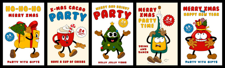 Set of poster with cute comic gloved hands characters in cartoon 1930s style for Happy New Year and merry christmas holiday party.