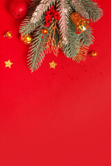 Wall Mural - Christmas decoration and pine tree on red background with copy space. New Year greeting card. Flat lay