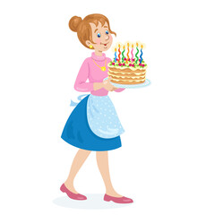 Poster - Young woman carries a large birthday cake with burning candles. In cartoon style. Isolated on white background. Vector illustration.