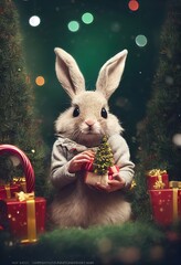 rabbit santa in the winter forest christmas background