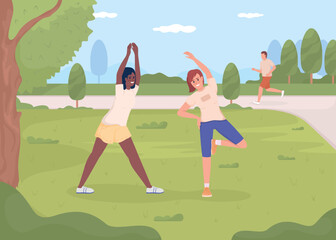 Poster - Friends exercising in park flat color vector illustration. Outdoor sports activity. Woman training on lawn. Fully editable 2D simple cartoon characters with city garden on background