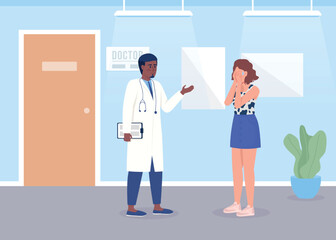 Poster - Crying woman at doctor appointment flat color vector illustration. Bad news for patient. Fully editable 2D simple cartoon characters with hospital on background. Bebas Neue font used