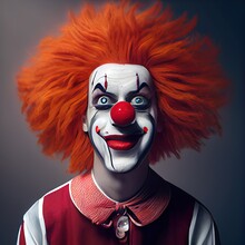 Clown, Arlequin Character With Make Up And Red Hair And Nose, Portrait, Posing For Camera.