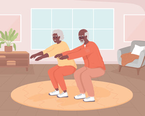 Poster - Active seniors doing squats at home flat color vector illustration. Sit up exercises in old age. Sports activity. Fully editable 2D simple cartoon characters with living room on background