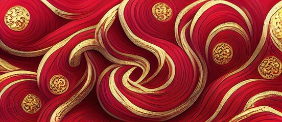 chinese lunar new year. Fabric pattern. Golden and red accent. Luck.