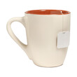 Beige ceramic mug with teabag label. isolated on a transparent background