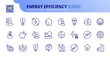 Simple set of outline icons about  energy efficiency and saving. Sustainable development.