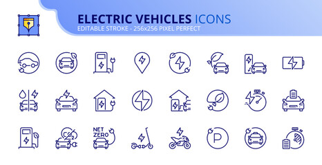 Wall Mural - simple set of outline icons about electric vehicles. sustainable development