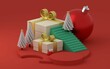 3d illustration of the white Christmas trees, packed presents, and a Christmas ball