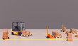© pauchi - Warehouse truck, allet jacks lift, hand truck and many boxes on grey background. Warehouse concept.Copy space for text. 3D rendered illustation