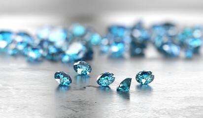 Poster - Group of Blue diamond sapphire placed on glossy background main object focus 3d rendering