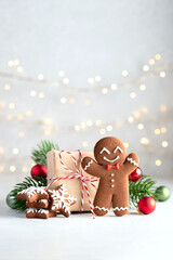 cute gingerbread man for christmas card. cozy concept of christmas and winter holidays. top view.