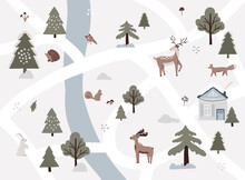 Winter Map Snowy Scene Outdoor Landscape With Village Forest Wildlife. Cozy House In Forest, River, Christmas Trees, Animals Deer, Moose, Fox, Squirrel, Hare, Hedgehog. Vector Illustration Flat Style