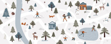 Winter Map Snowy Scene Landscape In Town Village With People Outdoor Activity Skating, Skiing. Cozy Houses In Forest, River, Trees, Animals Deer, Moose, Fox, Squirrel. Vector Illustration Flat Style