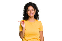 Young Cute Brazilian Woman Isolated Smiling Cheerfully Pointing With Forefinger Away.