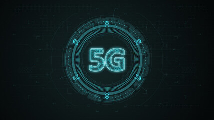 Poster - Blue digital 5G logo with rotation HUD circle technology interface and futuristic elements abstract background