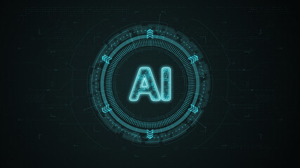 Poster - Blue digital AI logo with rotation HUD circle technology interface and futuristic elements abstract background