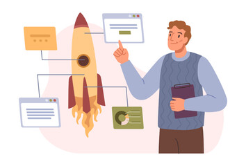 Poster - Startup presentation, isolated employee explaining main points of business project to investors. Working tasks. Flat cartoon character, vector in flat style