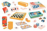 Fototapeta Pokój dzieciecy - Board games flat icons set. Different games for friends. Puzzles, jenga, monopoly, poker, casino, dominoes, uno and chess. Entertainment activities. Color isolated illustrations