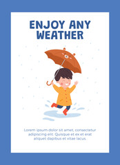 Wall Mural - Happy kid jumping in puddle with cute bear umbrella, poster template - cartoon flat vector illustration.