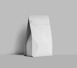 Wall Mural - Mockup of a white doy pack for coffee beans, zip packaging near the wall, for design, pattern, branding.