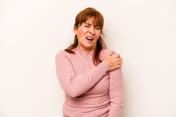 Wall Mural - Middle age caucasian woman isolated on white background having a shoulder pain.