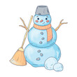 Illustration of a snowman with a broom in pastel colors for the new year and Christmas. Cute illustration in cartoon style isolated on white background for patterns, postcards and packaging