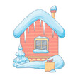 Illustration of a snow-covered house and gifts for the new year and Christmas. Cute illustration in cartoon style isolated on white background for patterns, postcards and packaging