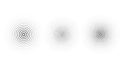 Poster - Texture concentric ripple circles set. Sonar or sound wave rings collection. Epicentre, target, radar icon concept. Radial signal or vibration elements. Dotted illustration 