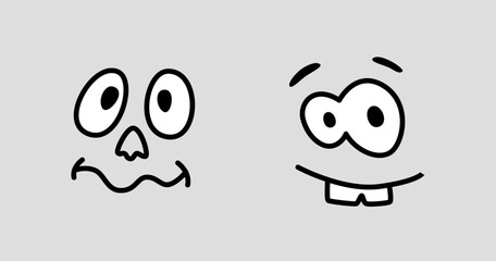 Poster - Cartoon character facial expression, face with eyes and mouth, surprised or amazed personage. Funny person with grin or smile showing teeth. Vector in flat style