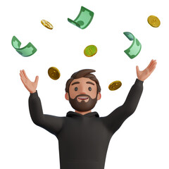 Wall Mural - A man in a black hoodie rejoicing in the money that's coming 3d render illustration