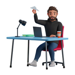 A man in a black hoodie and blue jeans is launching startup sitting in a chair at the table 3d render illustration