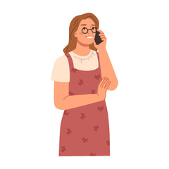 Aufkleber - Female personage talking on phone with friend or colleague. Isolated woman with gadget in hand listening. Flat cartoon character lady talk on smartphone, vector in flat style